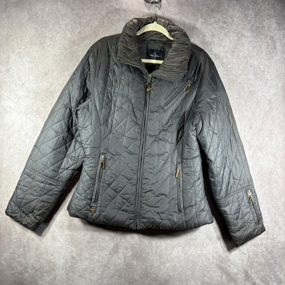 Baby Phat Jacket Women XL Gray Quilted Puffer Hidden Hood Gold Logo Y2K Glam